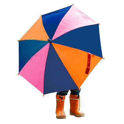 Child with wellies under an umbrella